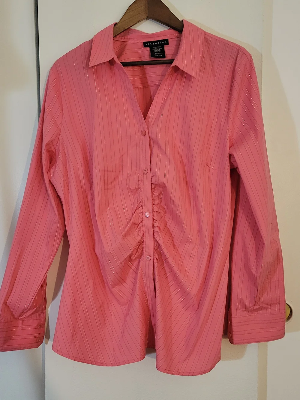 attention Pink Pinstripe Button-Front Ruching Shirt - Picture 1 of 5